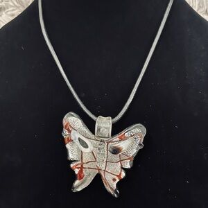 Elegant Murano Glass Silver and Brown Butterfly Pendant Necklace